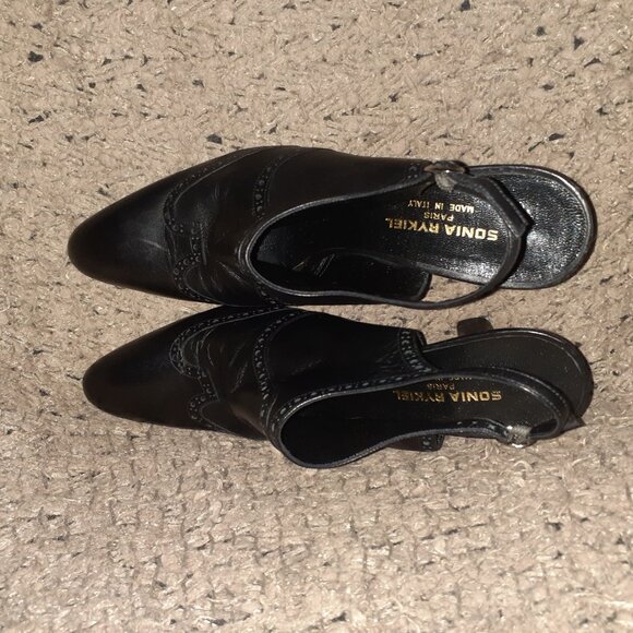 SONIA RYKIEL-Vintage Black Leather Brogue/Wingtip Slingback Sandals-Sz 38.5-NM - Picture 7 of 8